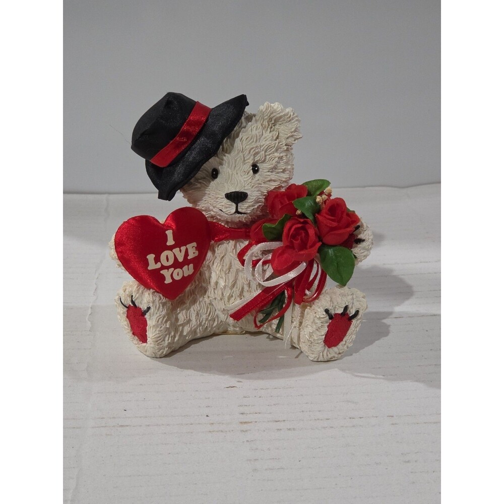 I Love You Small 4" Resin Polar White Bear With Flowers, Heart  And Hat
